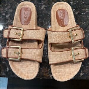 J. Crew Beige Slide Sandals with Gold Buckles